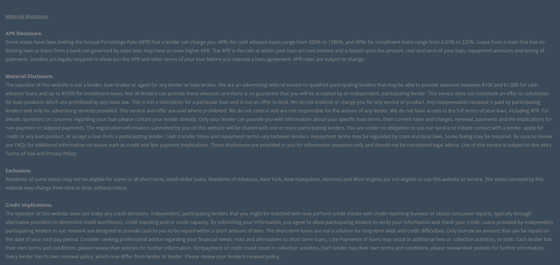 Material disclosure for payday loans in Frisco Texas